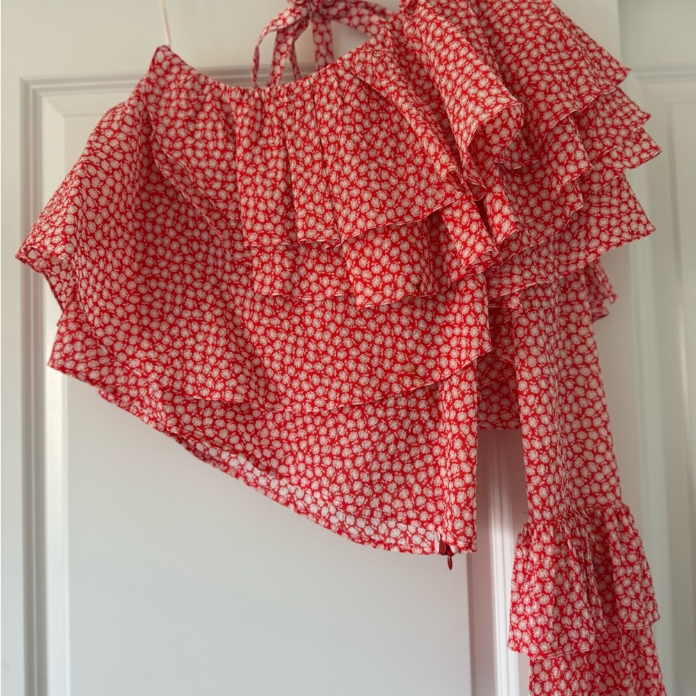 Red Patterned One-Shoulder Ruffle Top - image 2